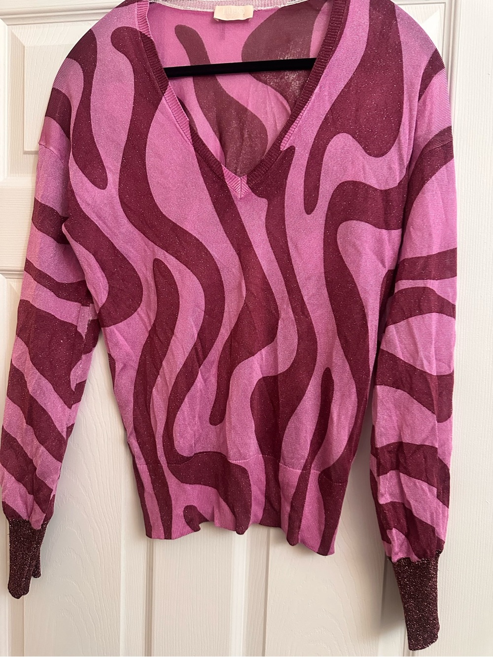 Pink & Burgundy Wave-Print V-Neck Sweater with Sparkle Trim